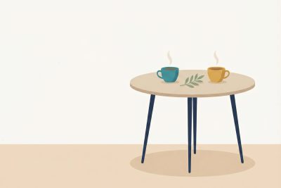 Illustration eines runden Tisches mit zwei dampfenden Tassen in Teal und Honey — Metapher für Begegnung und Begleitung