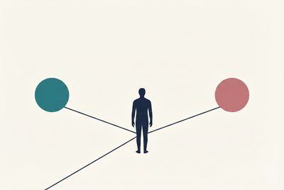 Abstrakte Illustration: eine Silhouette steht an einer Weggabelung zwischen einem Teal- und einem Rosé-Kreis — Metapher für Loyalitätskonflikte.
