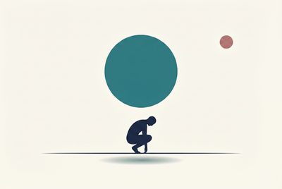 Abstrakte Illustration: eine Silhouette kauert unter einem grossen Teal-Kreis — Metapher für das Gewicht chronischer Erschöpfung.