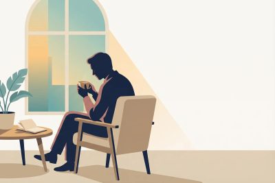 Illustration einer Person, die nachdenklich in einem Sessel am Fenster sitzt — stille Szene der Selbstreflexion.